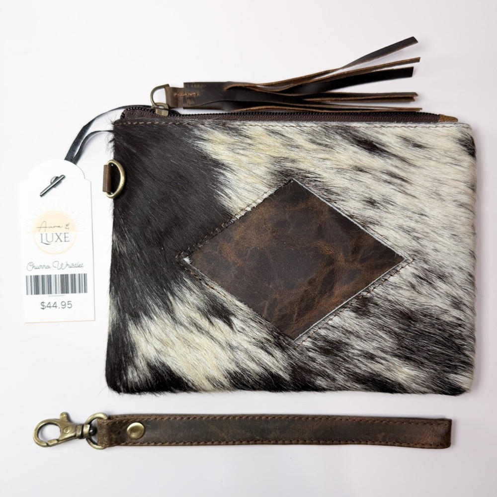 Cowhide Leather Wristlet Clutch - Black & White with Brown Accent - Picture 2 of 5